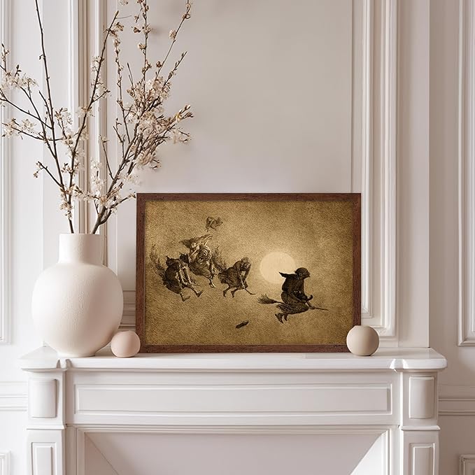 Poster Master Vintage William Holbrook Beard Poster - Retro Occult Print - Gift for Gothic, Horror Fan - The Witches Ride, Pagan, Goth, Magic - Wall Decor for Bedroom, Dorm, 11x14 Brown Framed