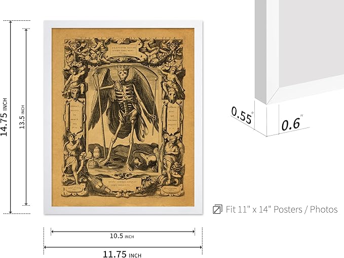 Poster Master Vintage Medieval Poster - Retro Gothic Print - Gift for Artist, Friend - Angel of Death, Memento Mori, Life, Skeleton, Dark - Wall Decor for Home, Living Room, 11x14 White Framed