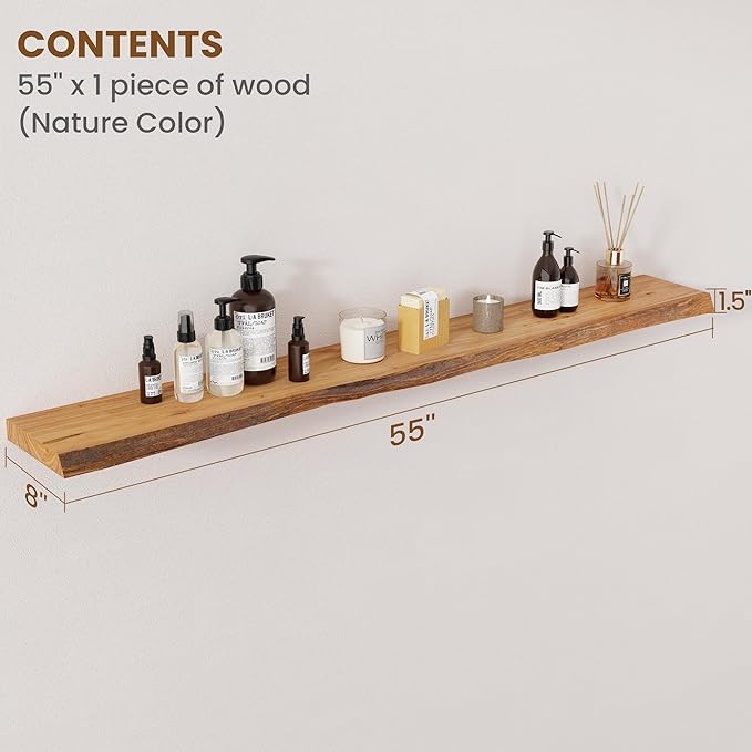 Floating Shelves for Wall Decor, Rustic Solid Elm Wood Floating Shelves Wall Mounted, Wall Shelves with Invisible Bracket for Living Room Bathroom Bedroom Kitchen, 55 Inch, Natural