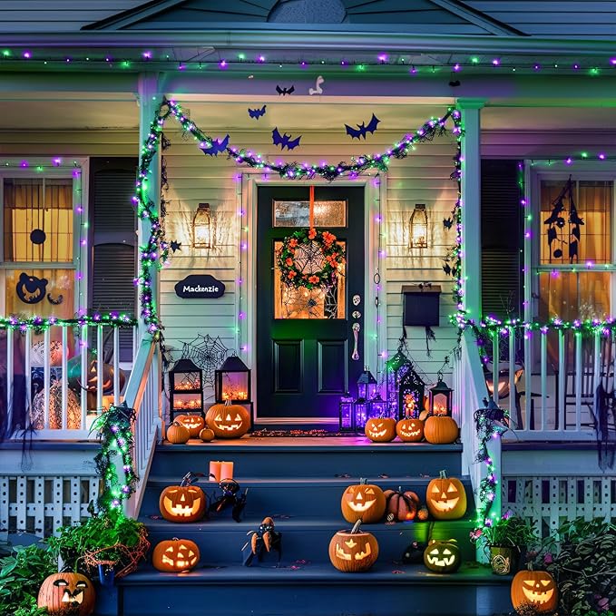 JMEXSUSS Purple and Green Halloween Lights, Total 66 FT 200 LED Solar Halloween Lights Outdoor, 2 Pack Solar Christmas Light Outdoor Waterproof for Yard Garden Tree Decor