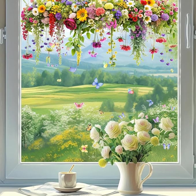 2 Set Colorful Floral Bouquet Window Stickers, Flower Butterfly Window Clings for Glass Windows,Floral Windows Film, Window Decals for Home Kitchen Bathroom Office Decoration