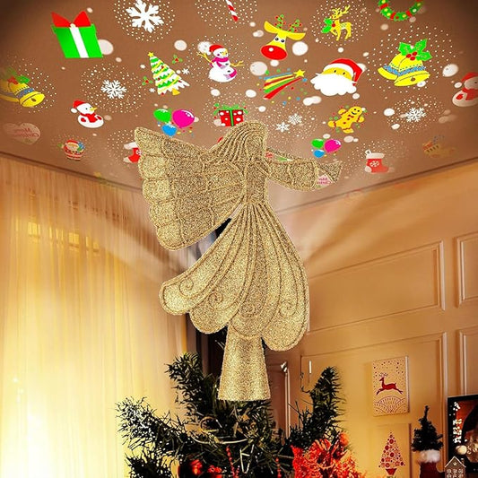 Christmas Angel Tree Topper with 6 Projection Modes, Hollowed Pentagram Tree Top with Gold Spangles Plated Plug in for Indoor Outdoor Christmas Decorations, Gold