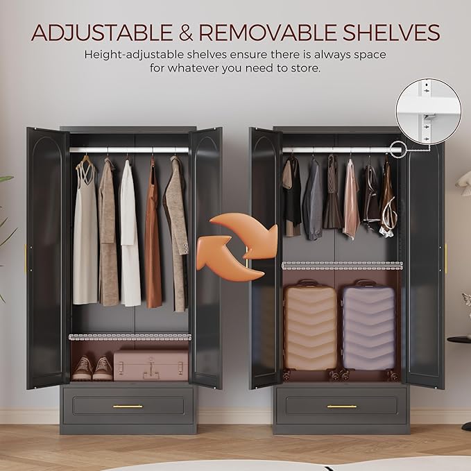 71" Metal Armoire Wardrobe Closet with 2 Doors and Drawer, Tall Wardrobe Cabinet with Hanging Rod and Adjustable Shelves, Black Clothing Storage Cabinets for Bedroom, Home Office