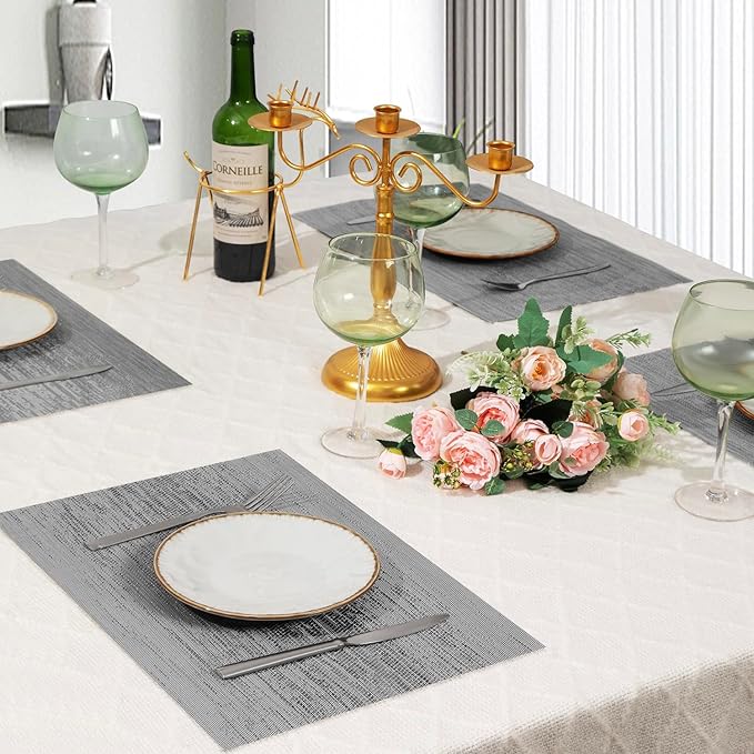 Leetaltree Grey Placemats, Heat Resistant Non-Slip Place mats for Dining Table, Washable Durable PVC Vinyl Woven Table Mats (Set of 24)