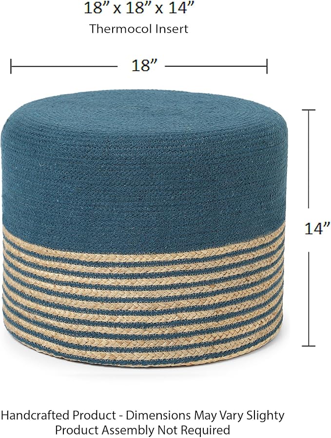 REDEARTH · Cylindrical Pouf Foot Stool Ottoman - Jute Braided Pouffe Poof Accent Sitting Footrest for Living Room, Bedroom, Nursery, Patio, Lounge & Other Rooms (Teal Natural, 18"x18"x14")