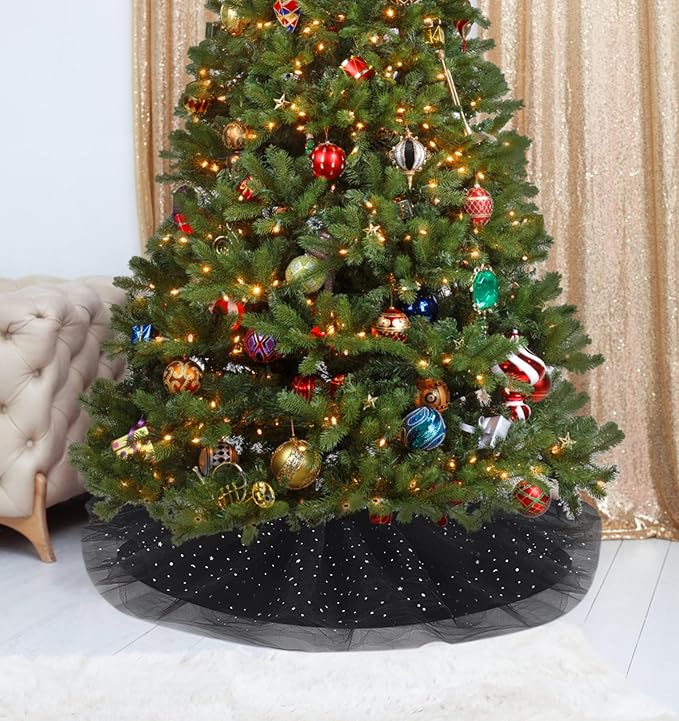 Christmas Wedding Tree Skirt,45 inch 4-Layer Fluffy Romantic Pleated Sparkly Halloween Skirt Decoration Xmas Tree Ornament for Holiday and Party(Black)