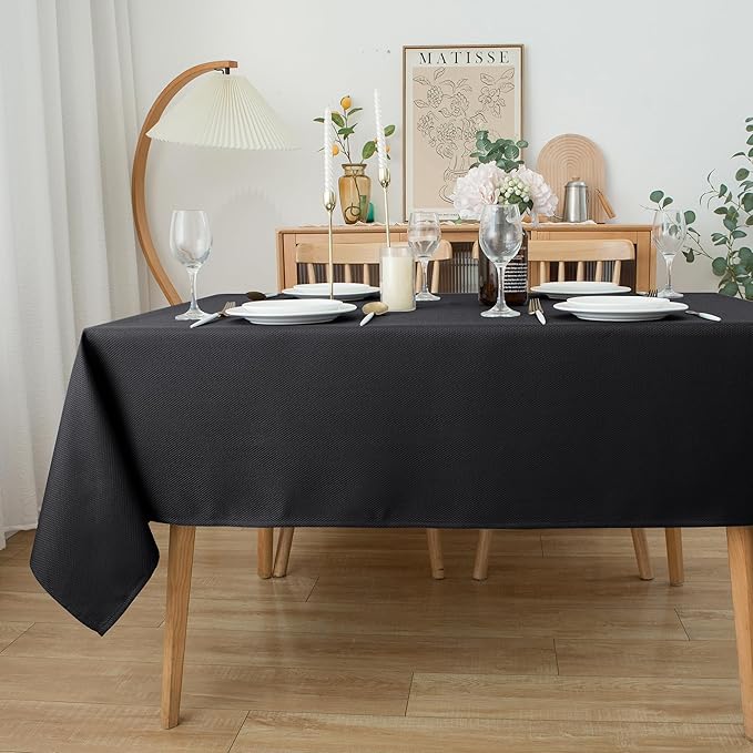 Biscaynebay Textured Fabric Tablecloths 60x84 Rectangular, Black Water Resistant Spill Proof Tablecloths for Dining, Kitchen, Wedding and Parties, Machine Washable