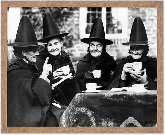 Poster Master Classic Photograph Poster - Vintage Halloween Print - Gift for Artist, Friend - Witches Tea Party, Old Women Smiling, Wearing Robes - Wall Decor for Living Room, 16x20 Beige Framed