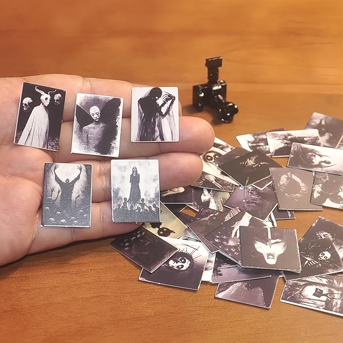 69Pcs Miniature Horror Diorama Set: Mini Black,DSLR Camera Prop, Gothic Posters & Abstract Art for 1:6 Scale Dollhouses - Creepy Display Decor for Adults