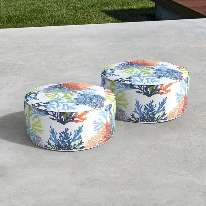 LVTXIII Outdoor Inflatable Ottoman, Patio Fade-Resistant Footrest Stool with Handle, Portable Round Ottoman Pouf for Patio Garden, Camping or Home Use, 21"x21"x9", Coral Multi