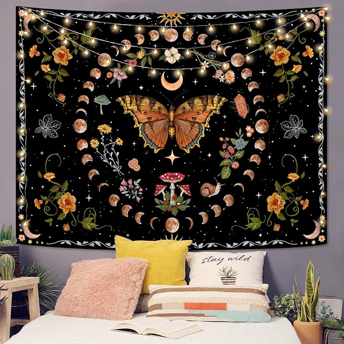 Aipon Orange Butterfly Moon Flower Tapestry Botanical Floral Plant Boho Tapestry for Bedroom Aesthetic Vintage Tapestries Wall Hanging for Living Room Dorm (44.00'' × 60.00'', Orange)