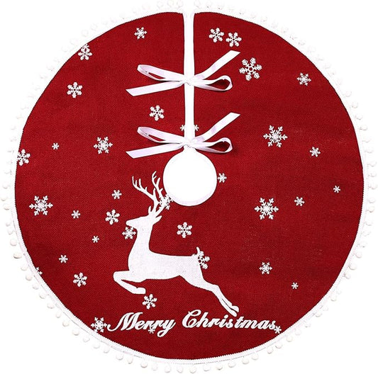 30 Inch Christmas Tree Skirt, Burlap Red Christmas Rustic Tree Skirt with Elk Deer and White Snowflake Printed for Holiday Party Xmas Tree Decoration