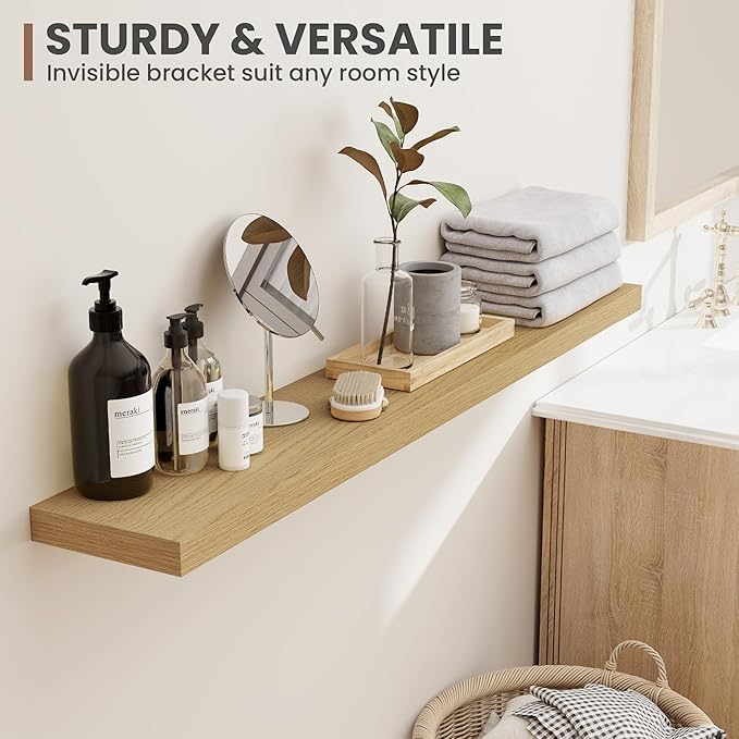36 Inch Floating Shelves, 8 Inch Deep Floating Shelves for Wall, Hanging Shelf with Invisible Brackets, Deep Shelves for Bathroom, Bedroom, Living Room, Oak, Set of 2