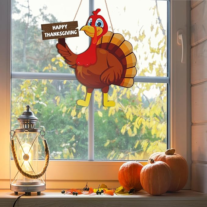 Jetec Happy Thanksgiving Turkey Door Sign Decor Wooden Turkey Sign Wall Art Hanging Rustic Plaque for Autumn Fall Thanksgiving Day Front Door Porch Home Decoration