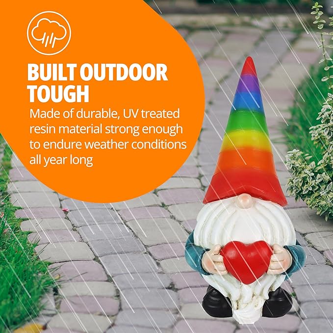 Exhart Garden Gnome, Solar Garden Gnome Statue with Heart, LED Rainbow Hat, Cute Outdoor Garden Decoration, 6 x 12.5 Inch, Multicolor, Resin