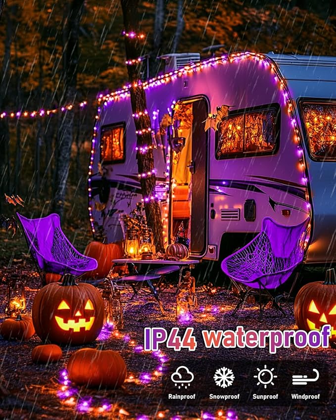 JMEXSUSS 2 Pack Solar Halloween Lights Outdoor Waterproof, Total 66FT 200 LED Orange and Purple Halloween Lights, 8 Mode Black Wire Solar Fairy String Light for Outside Yard Spooky Party Decorations
