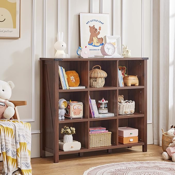 9 Cube Bookcase, Farmhouse 47 Inch Wide Brown Walnut Bookshelf, Wooden 3 Tier Display Large Open Book Shelf, Vintage Horizontal Book Case for Home Office, Cubby Storage Cabinet for Living Room