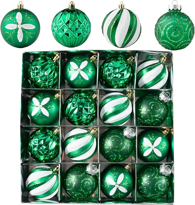 16Pcs Christmas Ball Ornaments Set, 3.15" Shatterproof Christmas Ornaments, Luxury Glitter Hanging Ornaments for Xmas Tree, Xmas Holiday, Party, Wedding (Green)