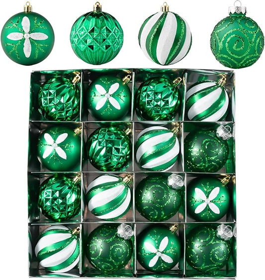 16Pcs Christmas Ball Ornaments Set, 3.15" Shatterproof Christmas Ornaments, Luxury Glitter Hanging Ornaments for Xmas Tree, Xmas Holiday, Party, Wedding (Green)