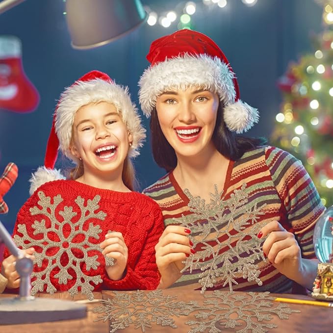 6pcs Large Champagne Gold Snowflakes Ornaments 12” Big Plastic Glitter Snowflake for Winter Indoor Outdoor Christmas Tree Window Room Decorations Giant Craft Snowflakes