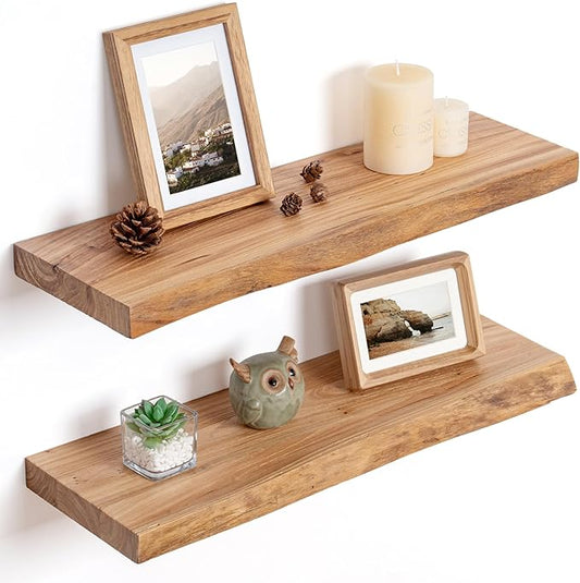 Floating Shelves for Wall Decor, Rustic Solid Elm Wood Floating Shelves Wall Mounted, Wall Shelves with Invisible Bracket for Living Room Bathroom Bedroom Kitchen, 24 Inch Set of 2, Natural