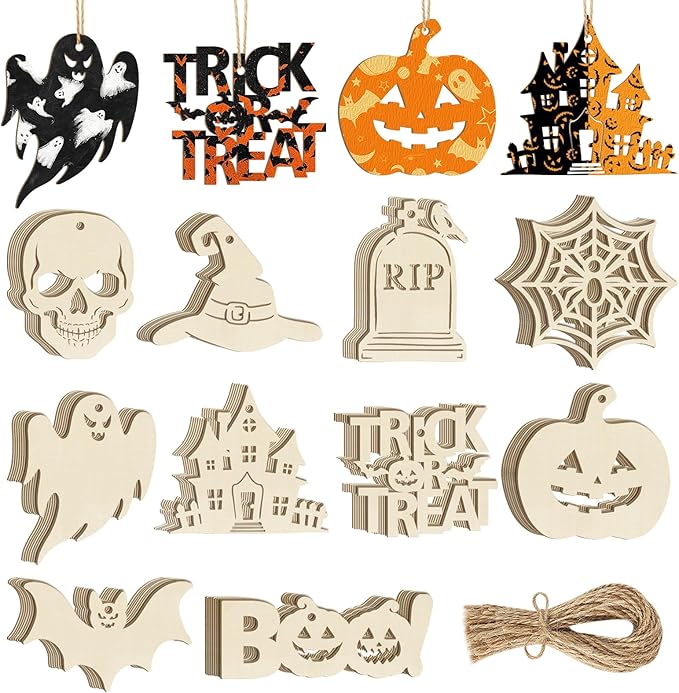 80PCS Wooden Halloween Ornaments to Paint Fall Decorations,10 Styles DIY Blank Autumn Unfinished Wood Skull Pumpkin Ghost Bat Boo Trick or Treat Halloween Cutouts Ornament for Crafts Party Hanging