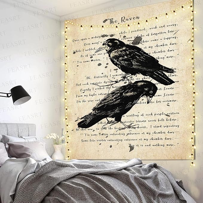 Raven Poem Wall Hanging 51x60 Inches - Crow Tapestry for Living Room, Bedroom, Home, Dorm, Office Decor