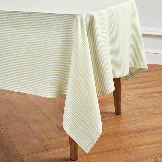 Solino Home Linen Tablecloth 60 x 108 Inch - Narrow Stripe 100% Pure Linen Sage and White Table Cloth for Rectangle Tables - Machine Washable Tablecloth for Fall, Autumn, Thanksgiving