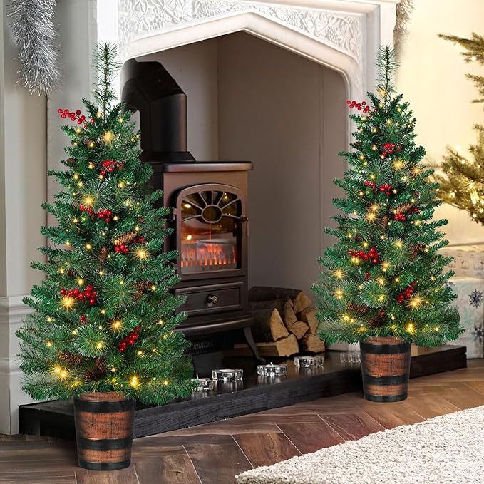 Set of 2 Christmas Trees with Lights 4-FT Artificial Potted Porch Berries and Pinecone Christmas Tree Battery Powered with 8 Modes and Timer for Indoor Outdoor