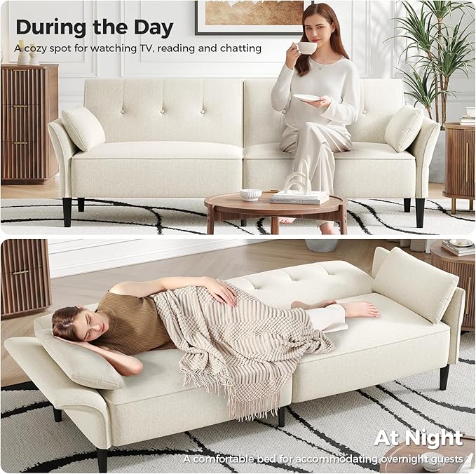 89” Futon Sofa Bed, Linen Comfy Futon Couch Bed with 2 Square Pillows, Convertible Sleeper Sofa with Adjustable Backrest& Armrests, Modern Loveseat Sleeper for Living Room, Bedroom, White