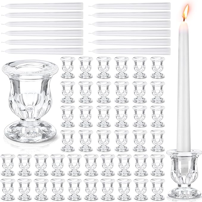 144 Pcs Glass Taper Candle Holders Bulk 2. 5 Inch Clear Candlestick Holder with Long Tapered Candles Candle Sticks Set for Table Centerpiece Wedding Christmas Party Decoration