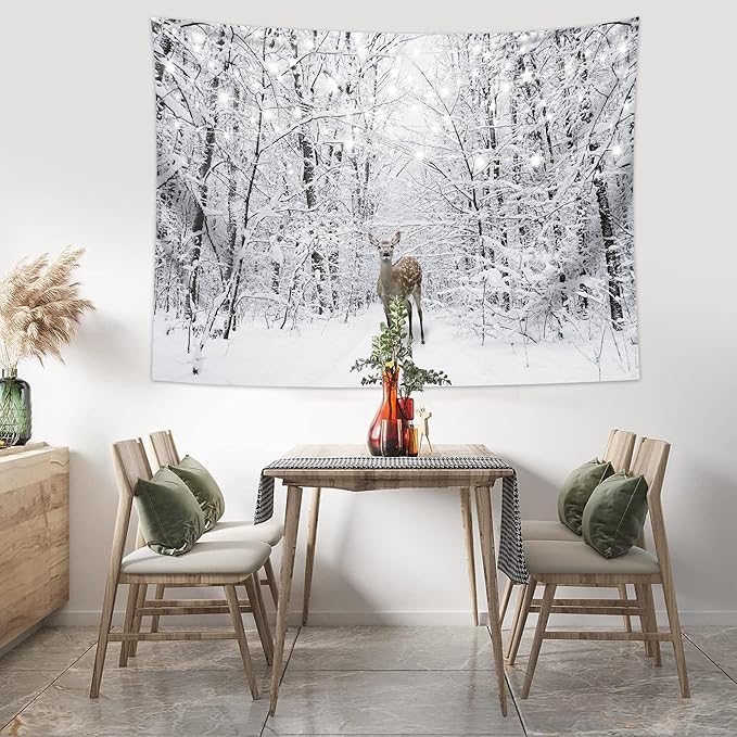 QGHOT Winter Tapestry Wall Hanging Snow Scene Backdrop Winter Wonderland Wall Decor Snowy Forest Wall Art Nature Woodland Deer Tapestry for Bedroom Room Dorm Party Decoration, Extra Large