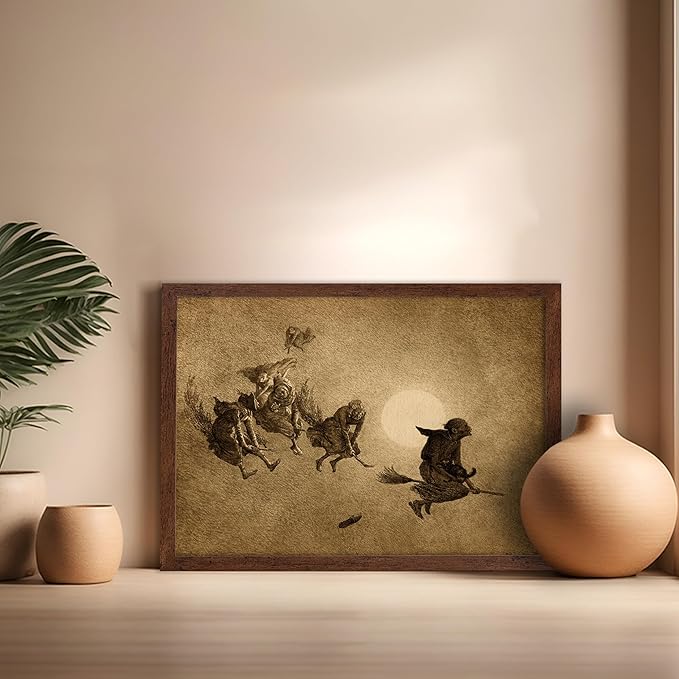 Poster Master Vintage William Holbrook Beard Poster - Retro Occult Print - Gift for Gothic, Horror Fan - The Witches Ride, Pagan, Goth, Magic - Wall Decor for Bedroom, Dorm, 16x20 Brown Framed