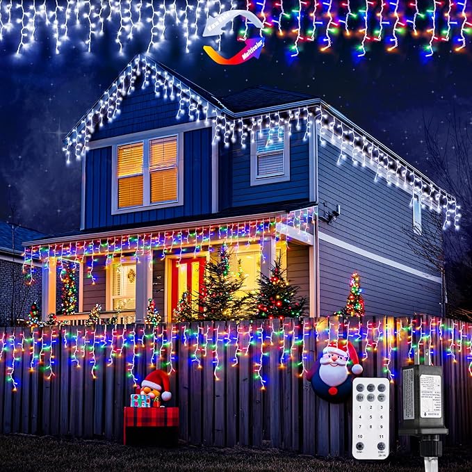 JMEXSUSS Color Changing Lights Outdoor Waterproof, 11 Modes 400 LED Christmas Icicle Lights with 40 Drops, White to Multicolor Icicle Lights for Indoor Christmas Eaves Party Decorations