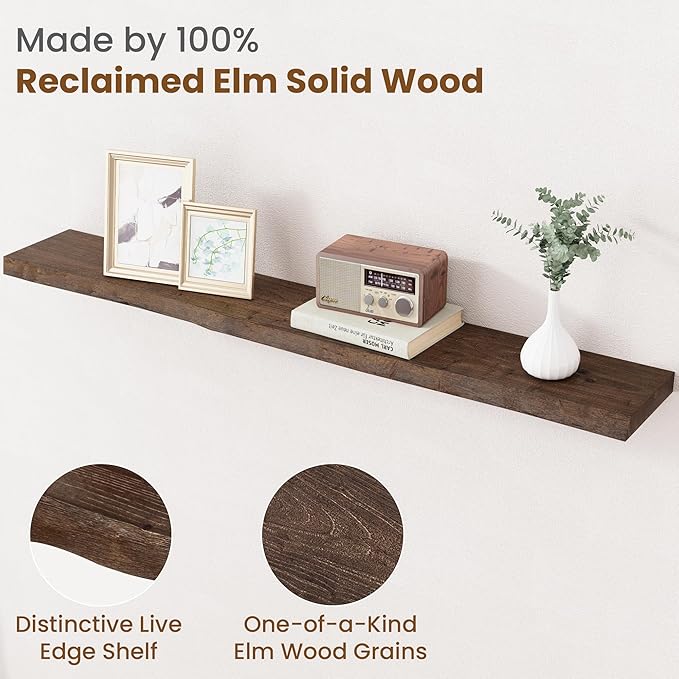 Floating Shelves for Wall Decor, Rustic Solid Elm Wood Floating Shelves Wall Mounted, Wall Shelves with Invisible Bracket for Living Room Bathroom Bedroom Kitchen, 48 Inch, Walnut