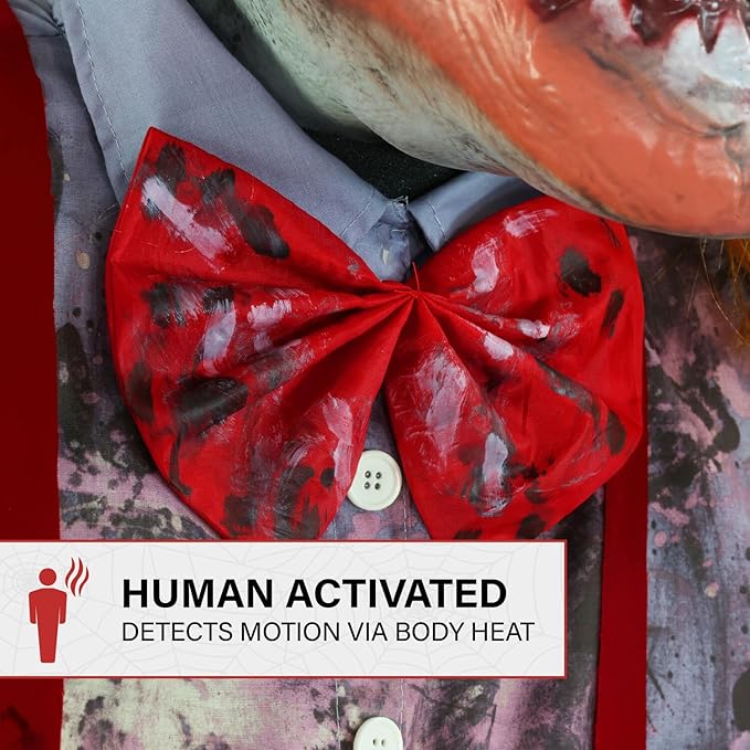 Haunted Hill Farm 6.5-Ft Animatronic I Scream Clown by Tekky, Halloween Animatronic, Creepy Party Decor, Indoor & Covered Outdoor Spooky Party Decoration Motion-Activated Lights & Sound, LifeSize