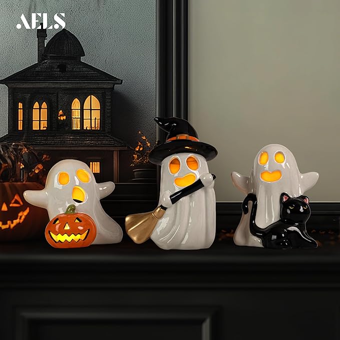 AELS Ceramic Happy Ghost with 3 Tea Lights, Spooky Candle Holder Set of 3, Tabletop Indoor Halloween Decorations for Holiday Party Home, Spooky Sculptures Ghost Figurines, Smoke White