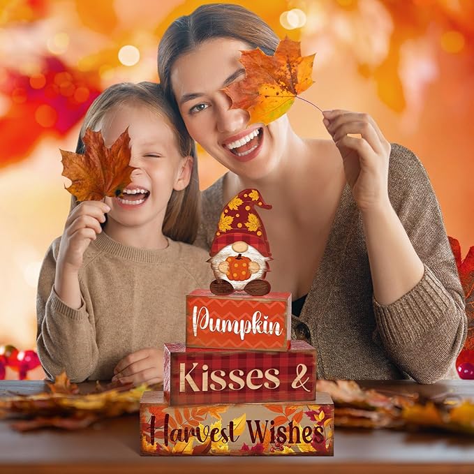 4 Pcs Fall Decor for Home Gnomes Wooden Signs with Sayings Fall Gnomes Tiered Tray Decor Autumn Harvest Tabletop Centerpiece Pumpkin Block Signs for Thanksgiving Office Kitchen Shelf