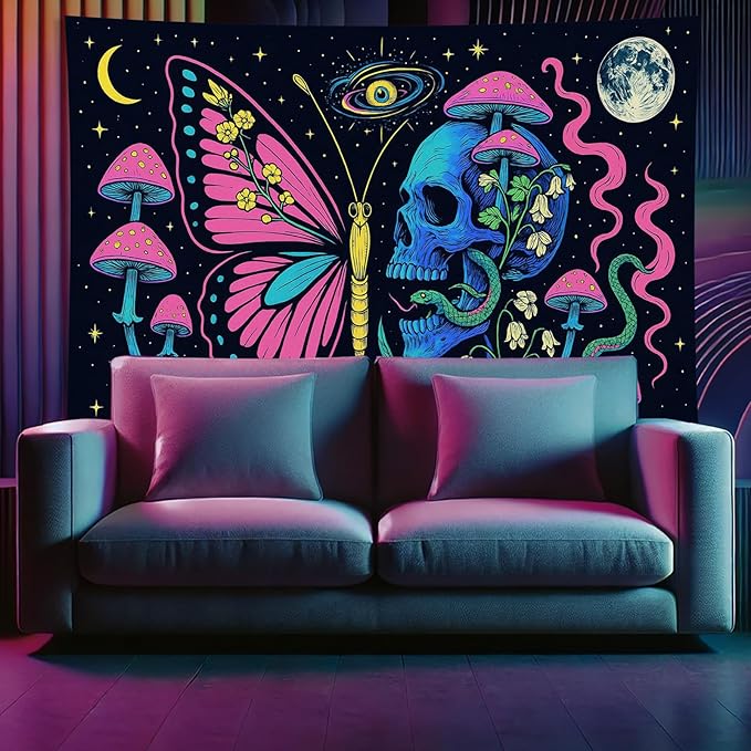 Starlit Patio Butterfly Skull Blacklight Tapestry UV Reactive Wall Hanging Mushrooms Snake and Cosmic Moon for Bedroom Dorm Living Room Glowing Psychedelic Decor Fluorescent Trippy Poster 78 x 59 Inch
