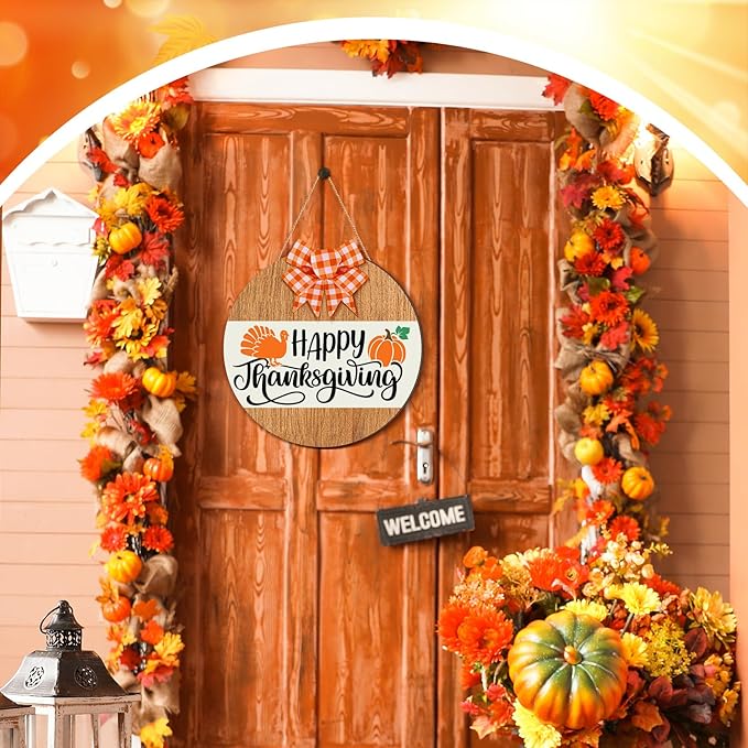 Fall Wreaths for Front Door Happy Thanksgiving Turkey Wooden Hanging Sign Fall Welcome Wreaths with Bow Turkey Farmhouse Wall Decoration for Home Autumn Harvest Front Porch Decor