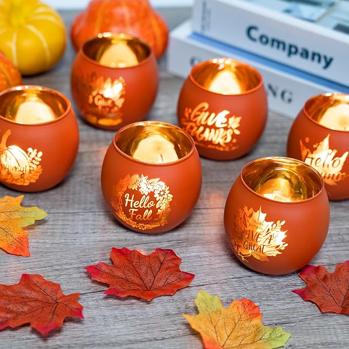6 Pieces Thanksgiving Candle Holders Orange Pumpkin & Leaf Engraved Tealight Holders for Fall Table Centerpieces, Wedding & Home Decor Indoor and Outdoor