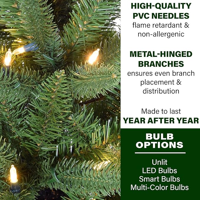 Fraser Hill Farm 9-Ft. Winter Falls Artificial Christmas Tree with Warm White LED Lights and Metal Base, Slim Holiday Tree with 8 Unique Light Functions, Perfect for Small Spaces and Apartments