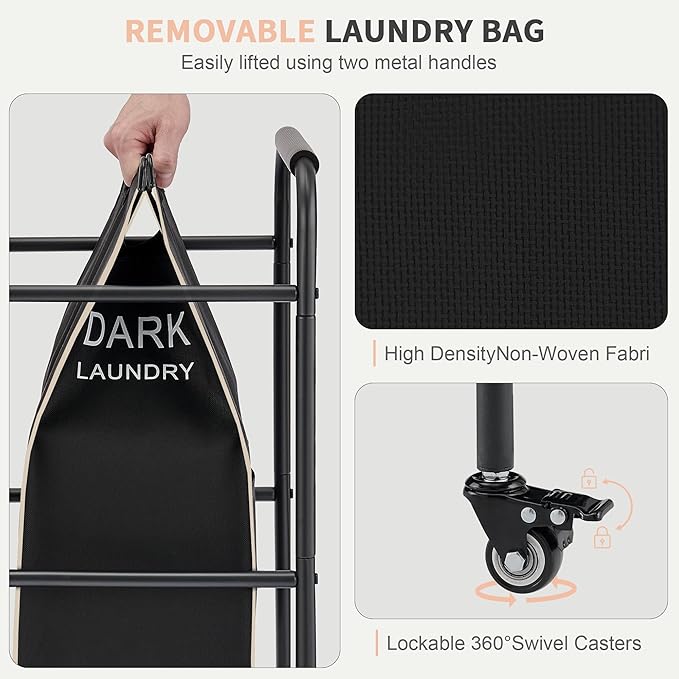 Laundry Sorter 3 Section,Laundry Hamper Cart with Hanging Rack & Removable Bags,Heavy Duty Laundry Basket with Wheels & 2 Tier Shelf,Space-Saving Laundry Basket Organizer for Laundry Room