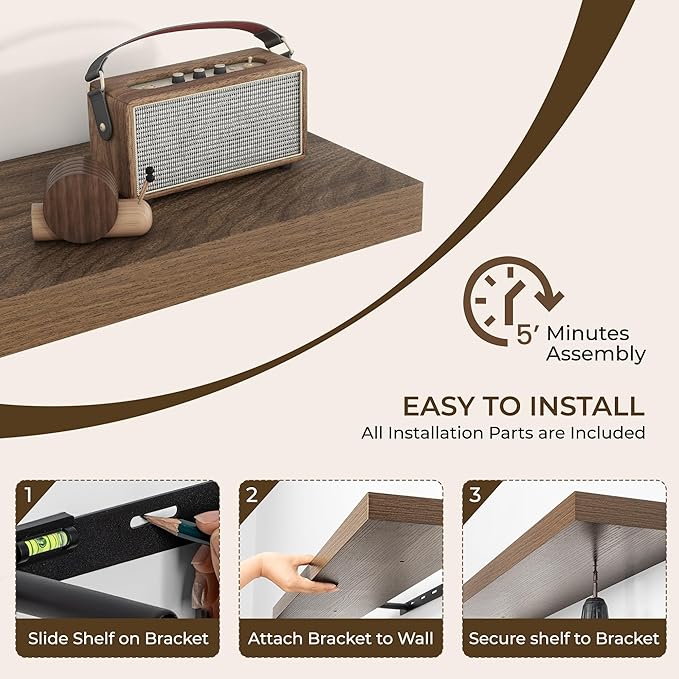 RICHFOCUS 72Inch Floating Shelves for Wall 1 Pack Shelves for Bedroom|Kitchen|Bathroom Wall Mounted Rustic Wood Floating Shelf with Invisible Brackets for Books|Storage|Decor, Walnut