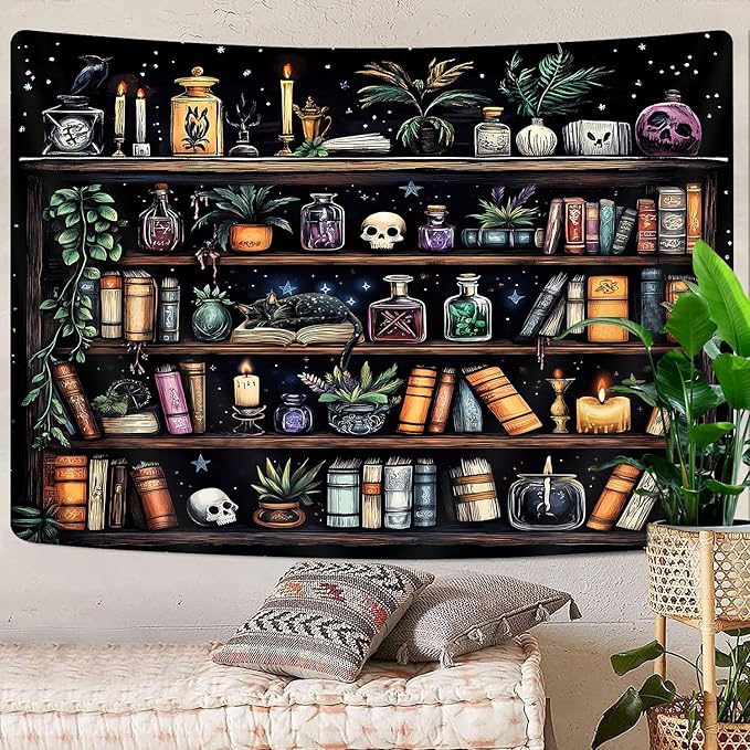 Bookshelf Tapestry Magical Library Witchy Tapestries, Vintage Fantasy Dark Bookshelf Hippie Cool Wall Tapestries Gothic Skull Black Cat Book Aesthetic Decor for Study Classroom, 80X60