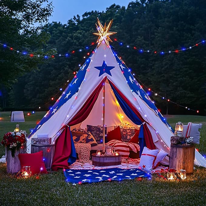 JMEXSUSS 2 Pack Red White and Blue Solar Lights, Each 100 LED 33FT Solar Fairy Lights Outdoor Waterproof, 4th of July Solar String Lights for Independence Day Outside Decorations