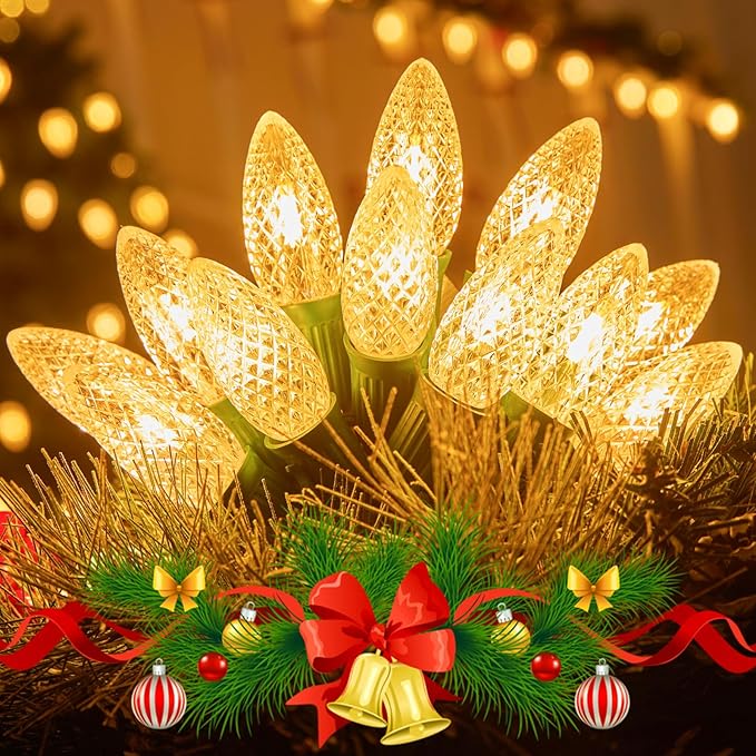 Brightown Outdoor Christmas Lights, 200 Ft C9 LED Commercial String Lights with Warm White Strawberry C9 Bulbs, Waterproof Connectable UL Certified C9 Lights for Indoor Yard Xmas Tree House Decor