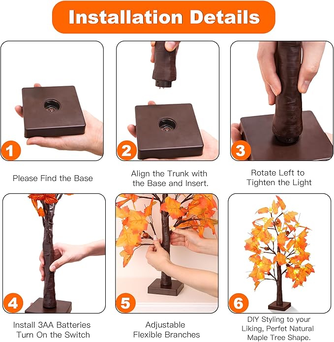 2 Pack 24 Inch Prelit Fall Maple Tree Fall Decorations for Home with 48 LEDs Battery Operated Timer Lighted Acorn Maple Tabletop Light Up Tree for Office Fall Decor Thanksgiving Decorations Indoor