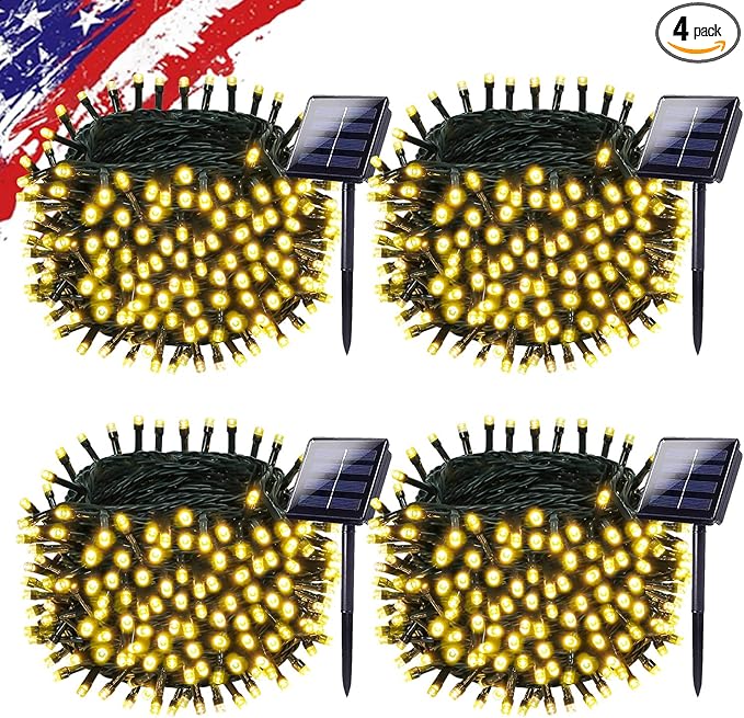 Solar String Lights Outdoor Waterproof 4PK 400LED 132FT Twinkle Lights Auto On/Off Solar Powered LED Fairy Light Green Wire with 8 Modes for Christmas Tree Party Wedding Garden Decoration (Warm White)