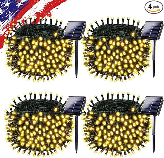 Solar String Lights Outdoor Waterproof 4PK 400LED 132FT Twinkle Lights Auto On/Off Solar Powered LED Fairy Light Green Wire with 8 Modes for Christmas Tree Party Wedding Garden Decoration (Warm White)